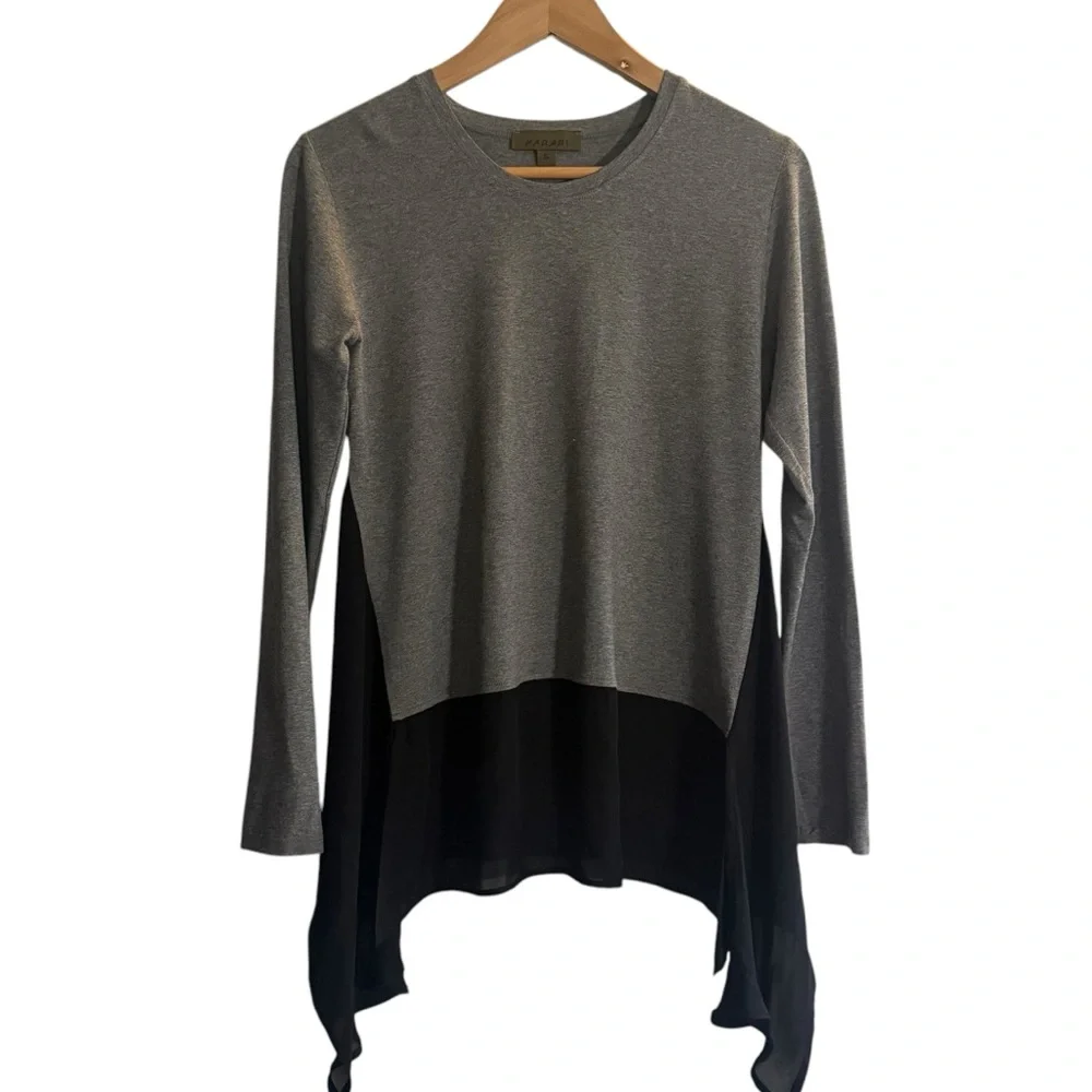 Harari Gray Black Color Block Long Sleeve Asymmetrical Hem Blouse Women’s Small - Picture 2 of 9